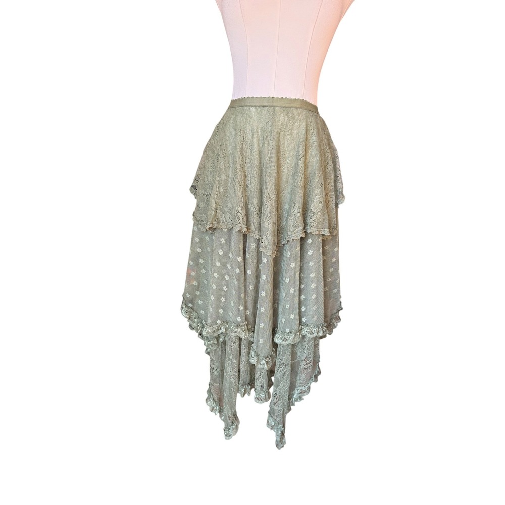 Current Mood Sage Green Lace Tiered Maxi Skirt Ruffle Handkerchief Hem Small